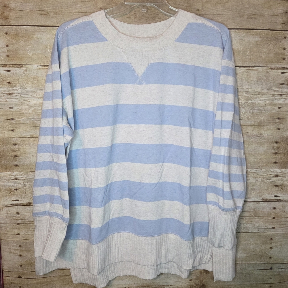 Maurices Men's Light Blue and White Striped Crewneck Sweater